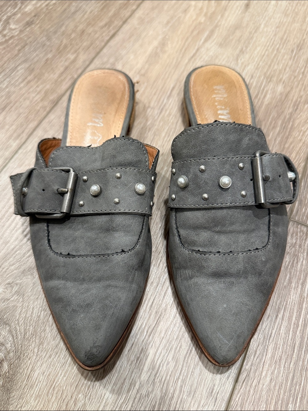 Mi iM Gray Suede Pointed Mules with Studded Buckle